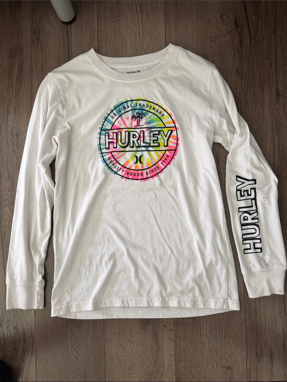 Hurley White Long-Sleeve with Multicolor Tie-Dye Logo-Size Large (12-13 yrs)